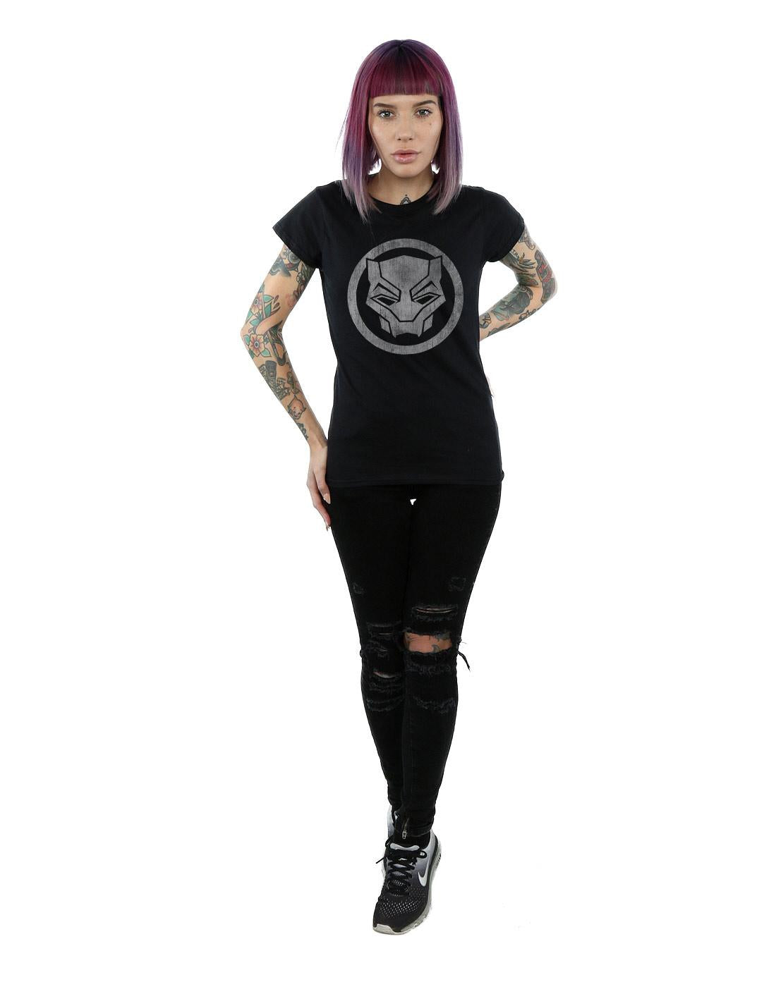 Black - Side - Marvel Womens-Ladies Black Panther Distressed Icon Cotton T-Shirt