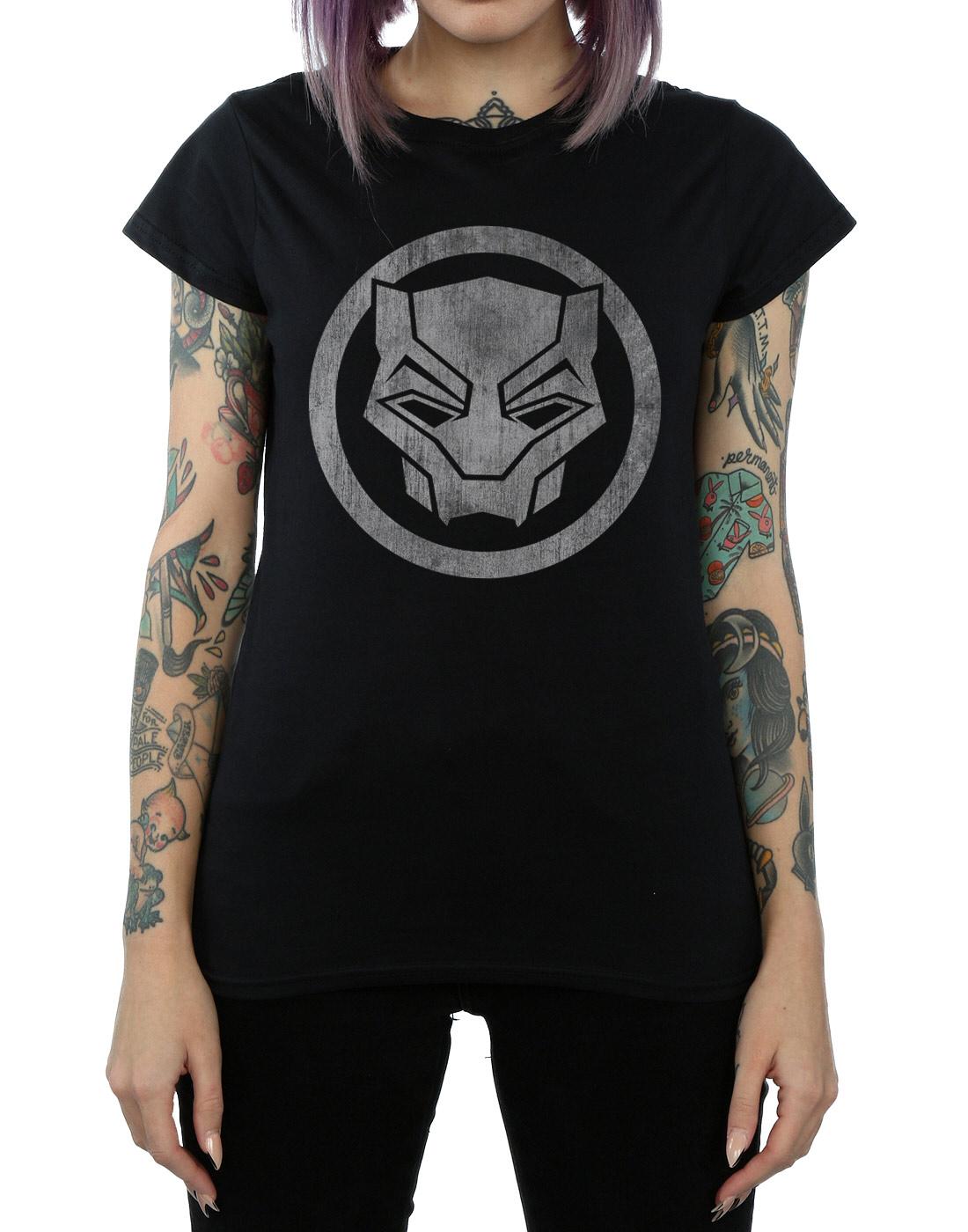 Black - Back - Marvel Womens-Ladies Black Panther Distressed Icon Cotton T-Shirt