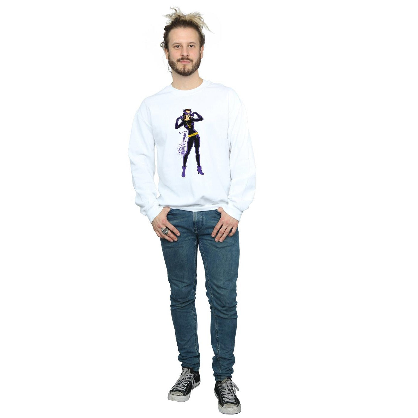 White - Lifestyle - DC Comics Mens Catwoman Happy Pose Cotton Sweatshirt