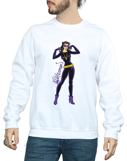 White - Side - DC Comics Mens Catwoman Happy Pose Cotton Sweatshirt