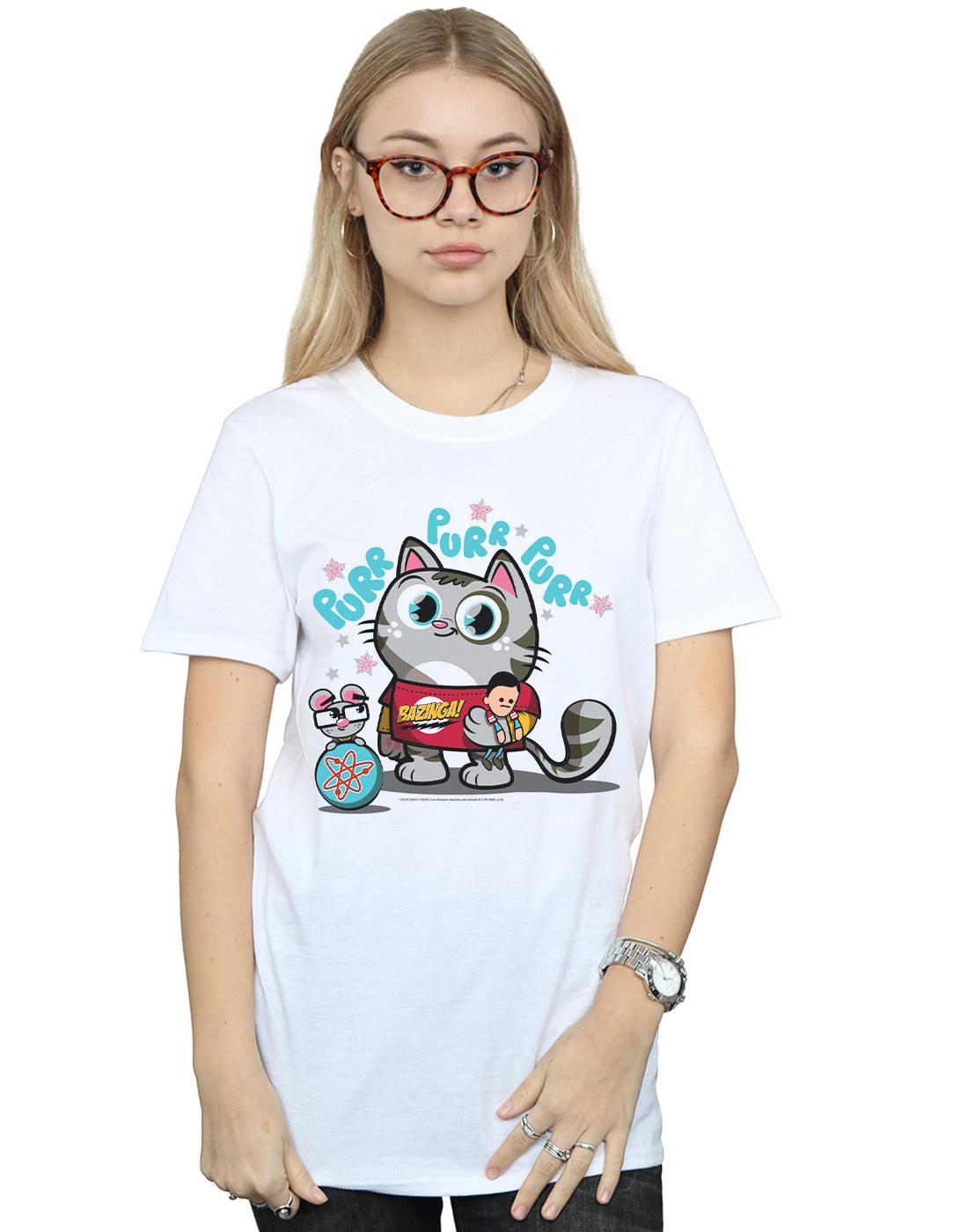 White - Back - The Big Bang Theory Womens-Ladies Bazinga Kitty Cotton Boyfriend T-Shirt