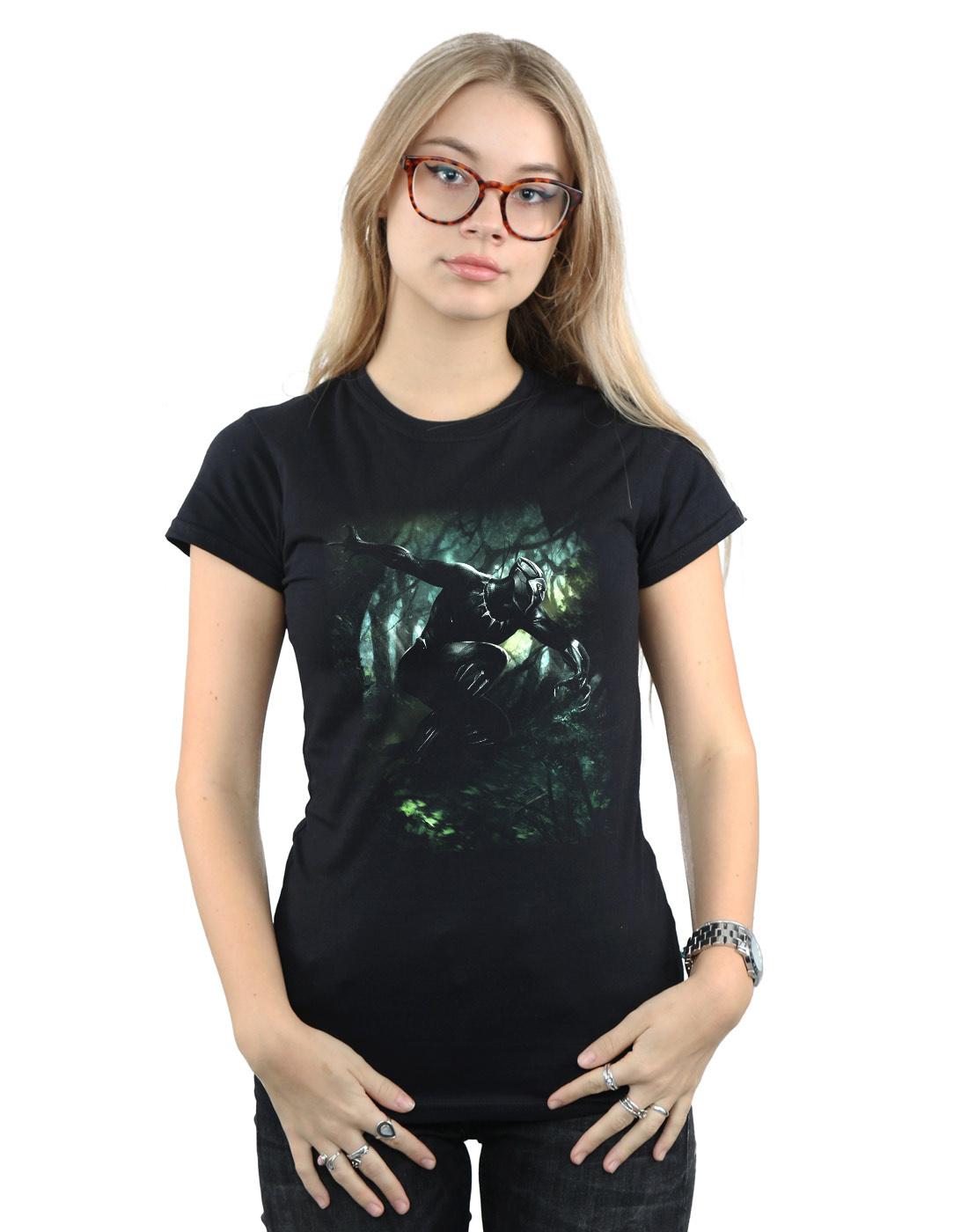 Black - Back - Marvel Womens-Ladies Black Panther Jungle Run Cotton T-Shirt