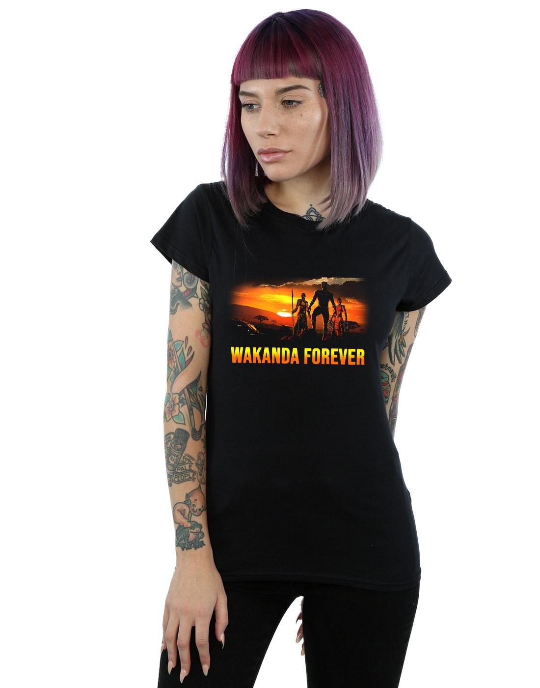 Black - Back - Marvel Womens-Ladies Black Panther Wakanda Forever Cotton T-Shirt