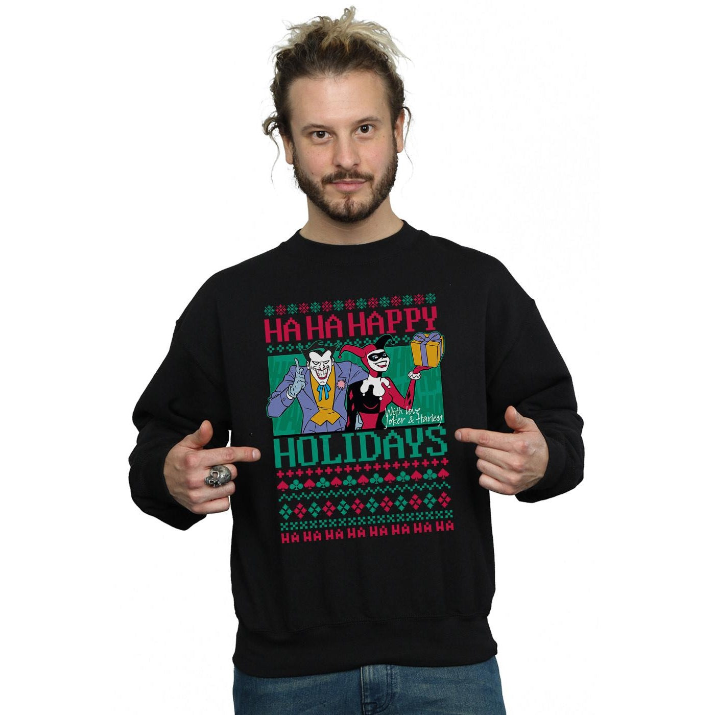 Black - Back - DC Comics Mens Joker And Harley Quinn Ha Ha Happy Holidays Cotton Sweatshirt