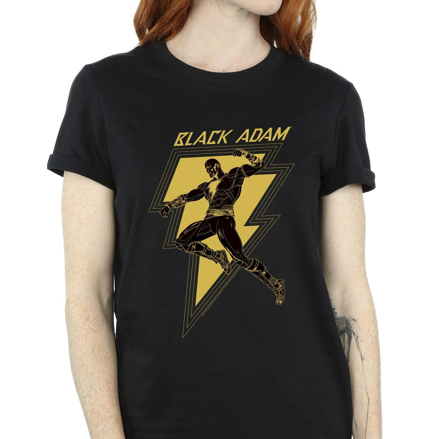 Black - Side - DC Comics Womens-Ladies Black Adam Golden Bolt Chest Cotton Boyfriend T-Shirt