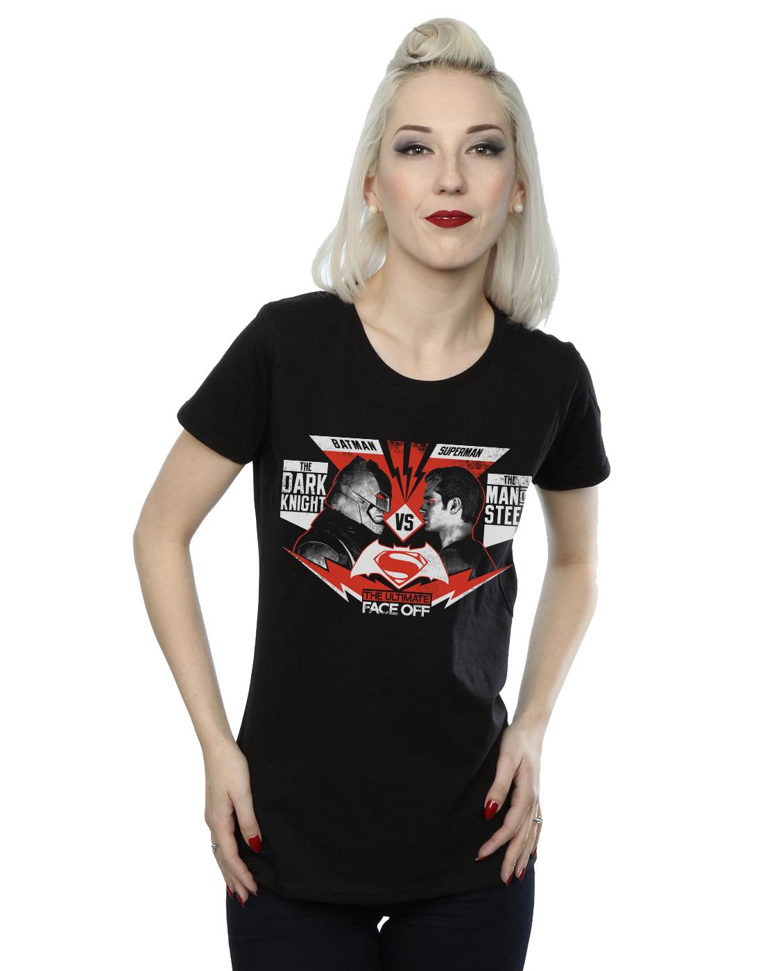 Black - Back - DC Comics Womens-Ladies Batman v Superman Face Off Cotton T-Shirt
