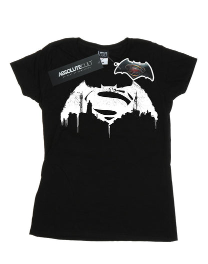 Black - Front - DC Comics Womens-Ladies Batman v Superman Beaten Logo Cotton T-Shirt