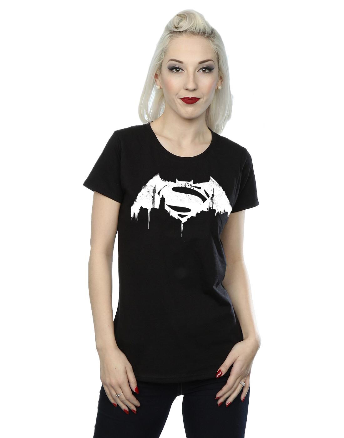 Black - Back - DC Comics Womens-Ladies Batman v Superman Beaten Logo Cotton T-Shirt