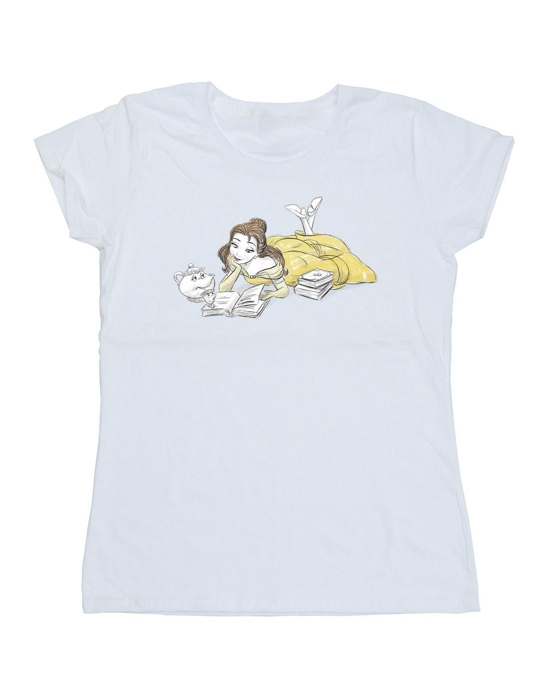 White - Front - Disney Womens-Ladies Beauty And The Beast Belle Reading Cotton T-Shirt