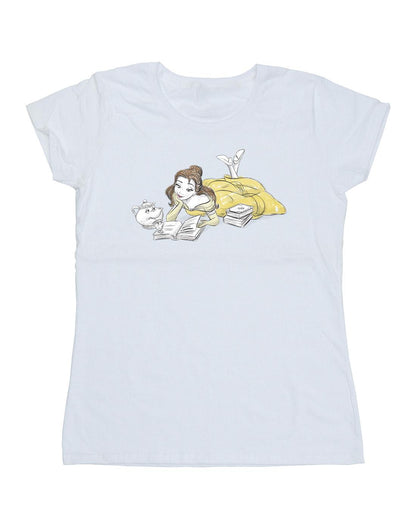White - Front - Disney Womens-Ladies Beauty And The Beast Belle Reading Cotton T-Shirt