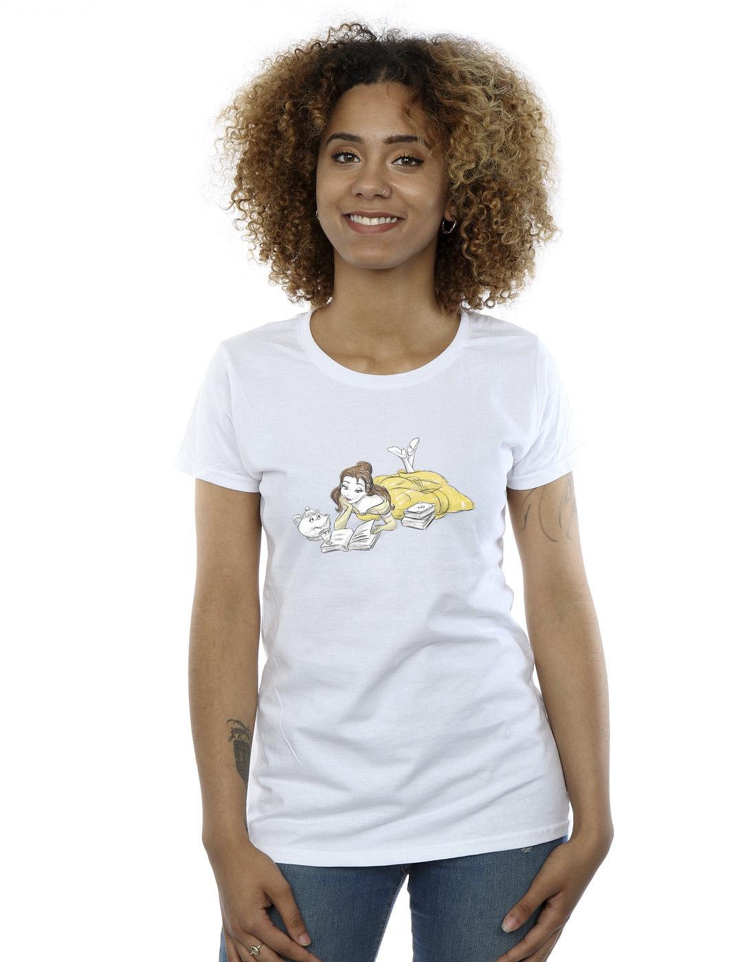 White - Back - Disney Womens-Ladies Beauty And The Beast Belle Reading Cotton T-Shirt