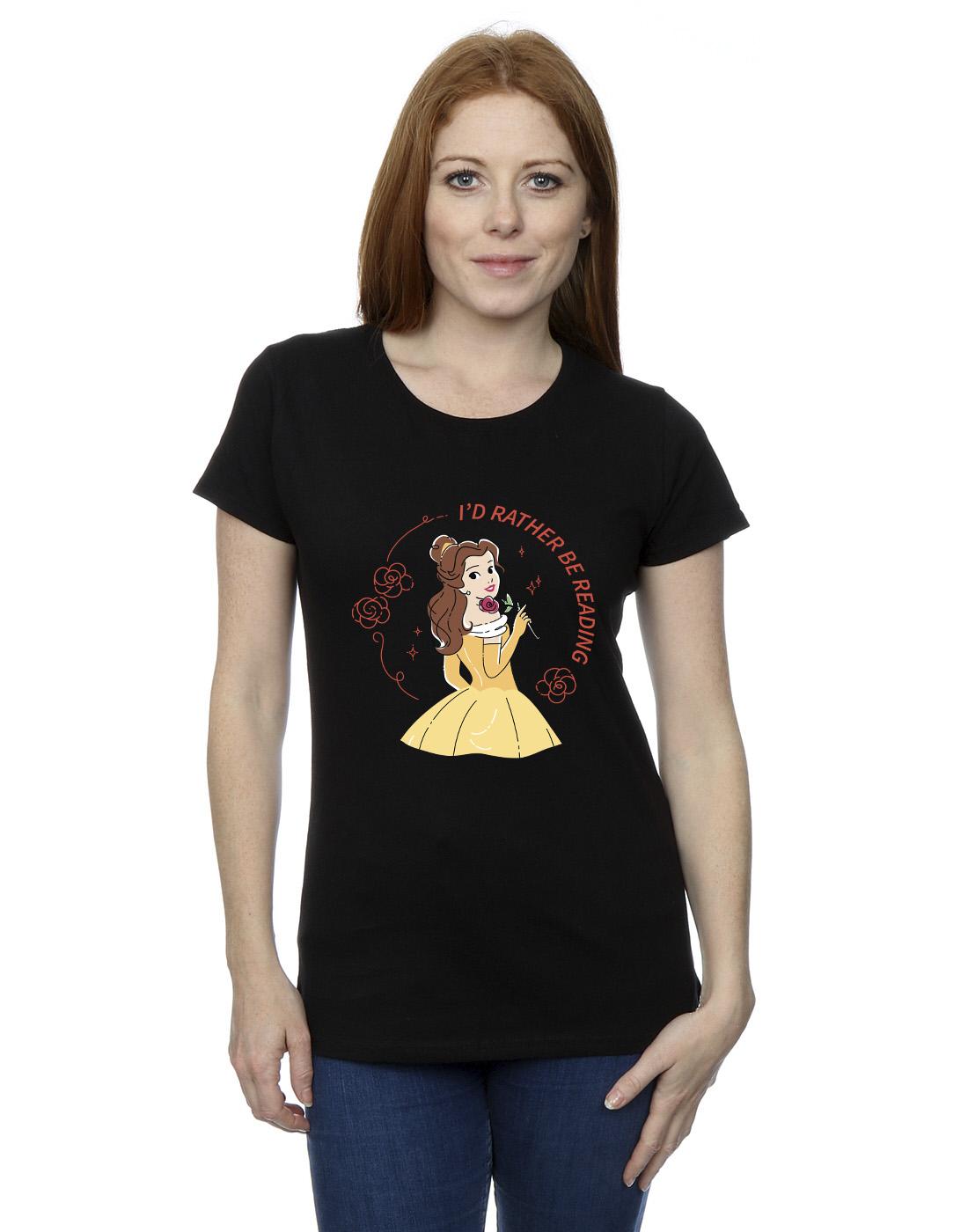 Black - Back - Disney Womens-Ladies Beauty And The Beast I´d Rather Be Reading Cotton T-Shirt