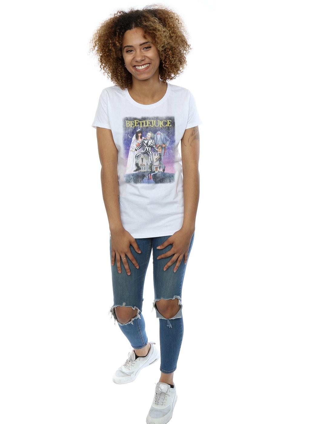White - Lifestyle - Beetlejuice Womens-Ladies Distressed Poster Cotton T-Shirt