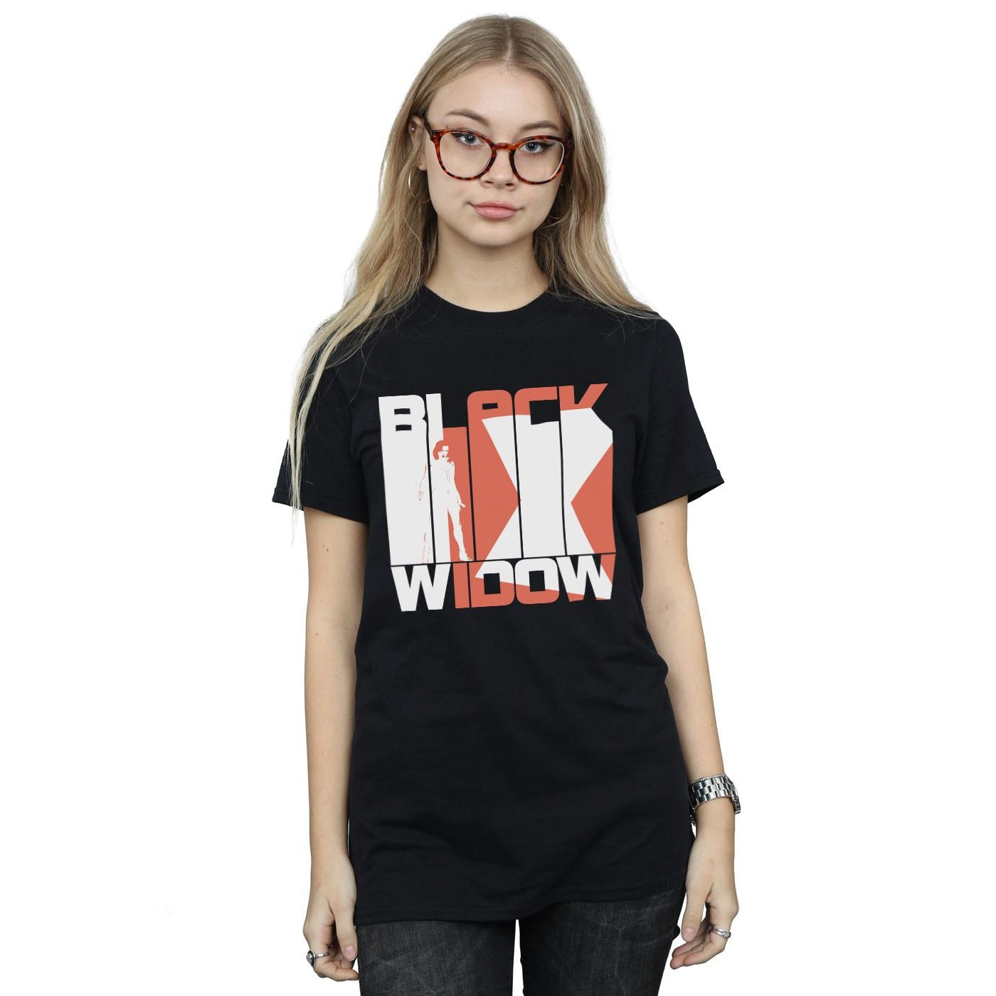Black - Back - Marvel Womens-Ladies Black Widow Movie Bars Logo Cotton Boyfriend T-Shirt
