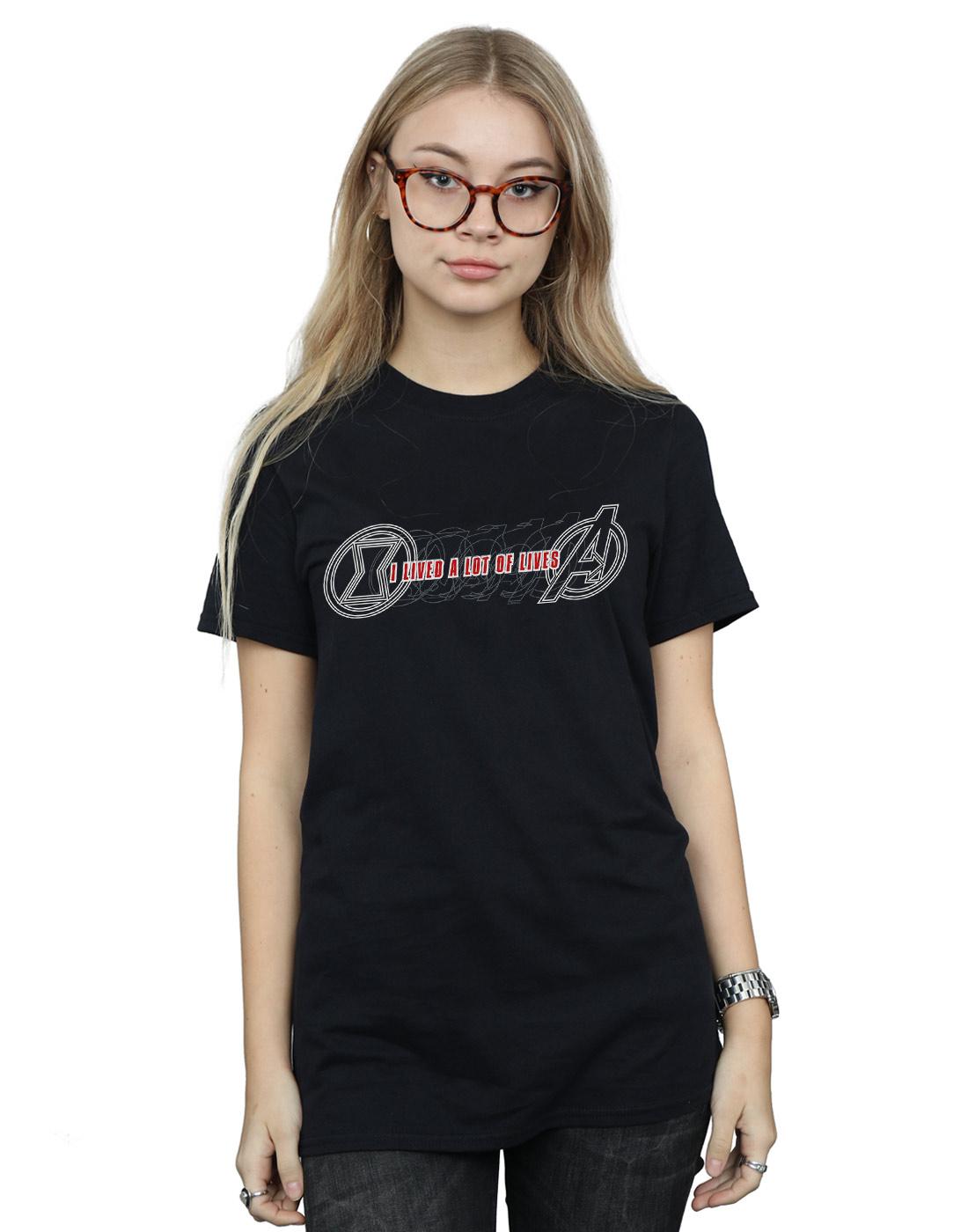Black - Back - Marvel Womens-Ladies Black Widow Movie Lots Of Lives Cotton Boyfriend T-Shirt