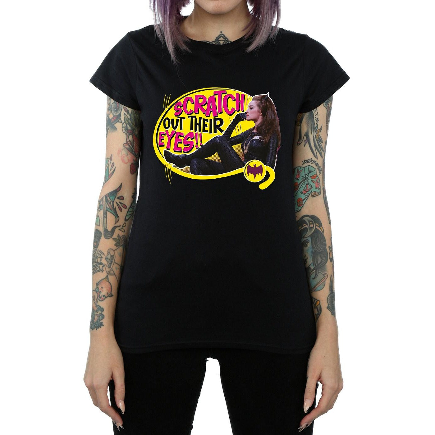 Black - Side - DC Comics Womens-Ladies Batman TV Series Catwoman Scratch Cotton T-Shirt