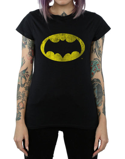 Black - Side - DC Comics Womens-Ladies Batman TV Series Distressed Logo Cotton T-Shirt