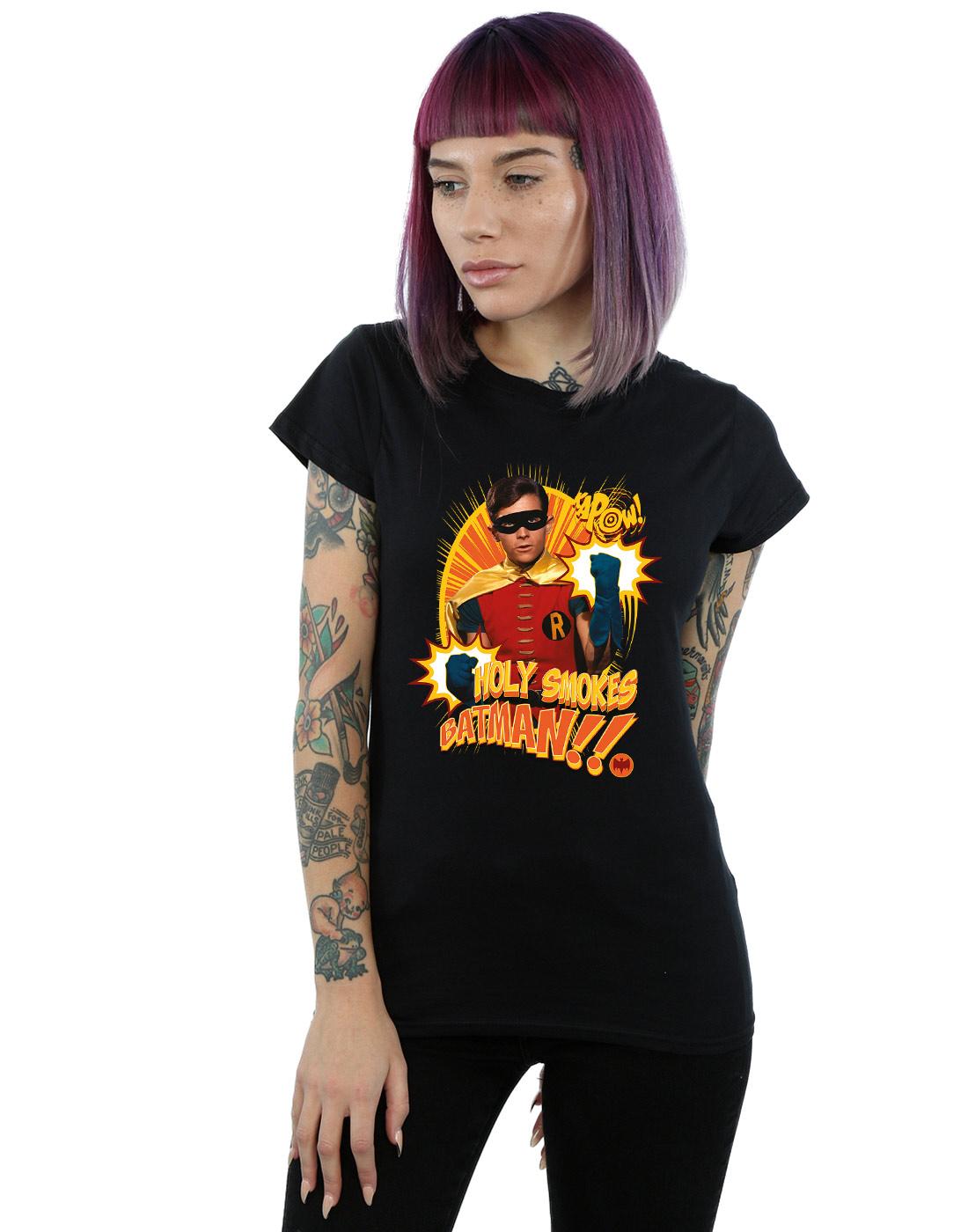 Black - Back - DC Comics Womens-Ladies Batman TV Series Holy Smokes Cotton T-Shirt