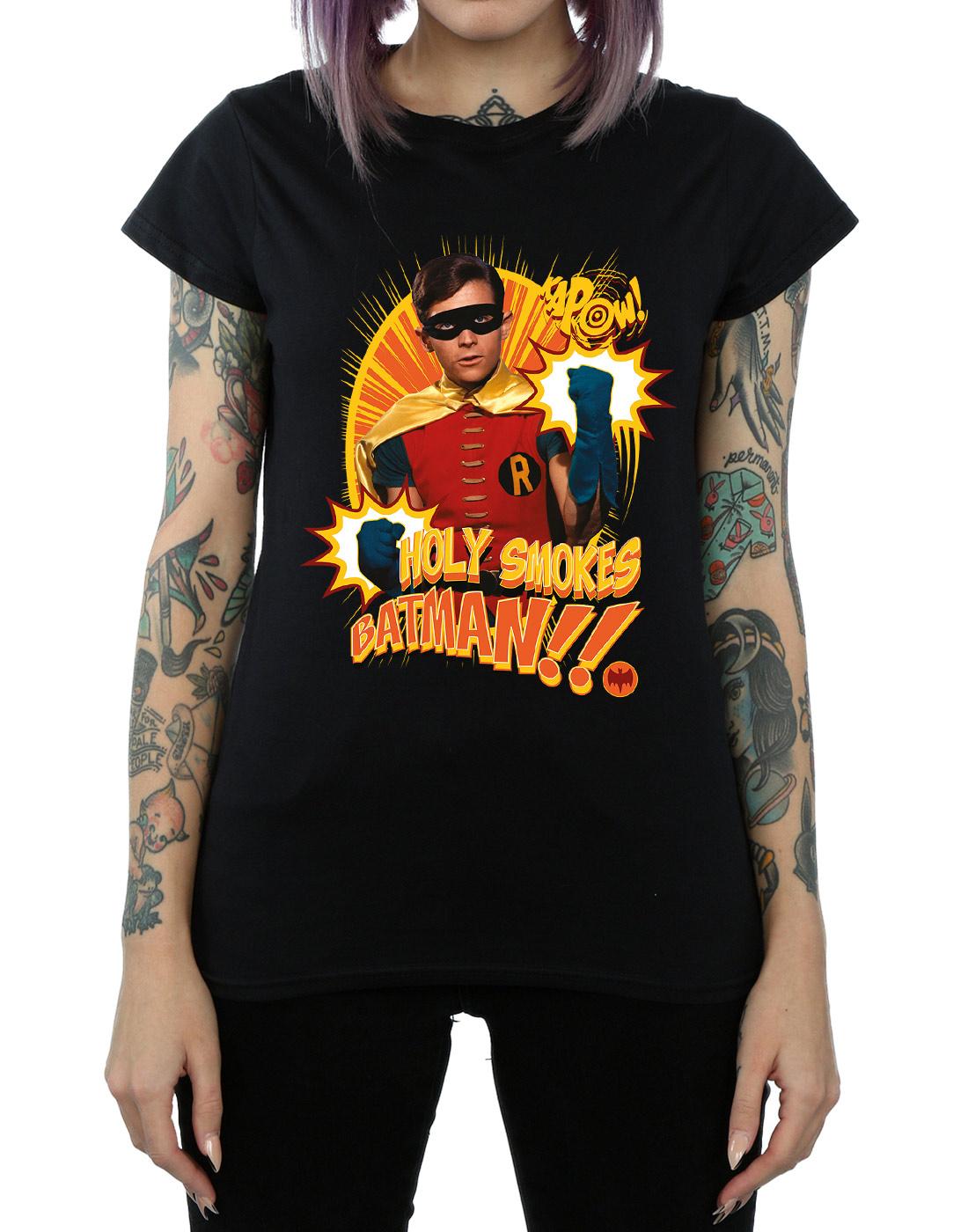 Black - Side - DC Comics Womens-Ladies Batman TV Series Holy Smokes Cotton T-Shirt
