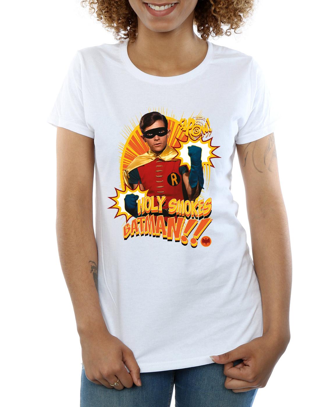 White - Side - DC Comics Womens-Ladies Batman TV Series Holy Smokes Cotton T-Shirt