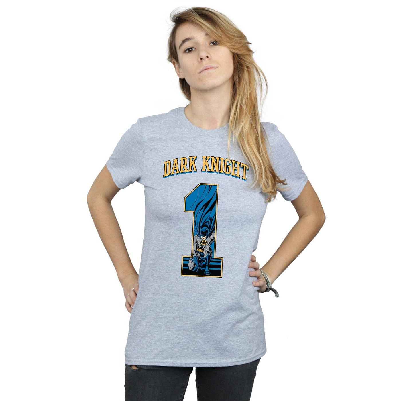 Sports Grey - Back - DC Comics Womens-Ladies Batman Football Dark Knight Cotton Boyfriend T-Shirt
