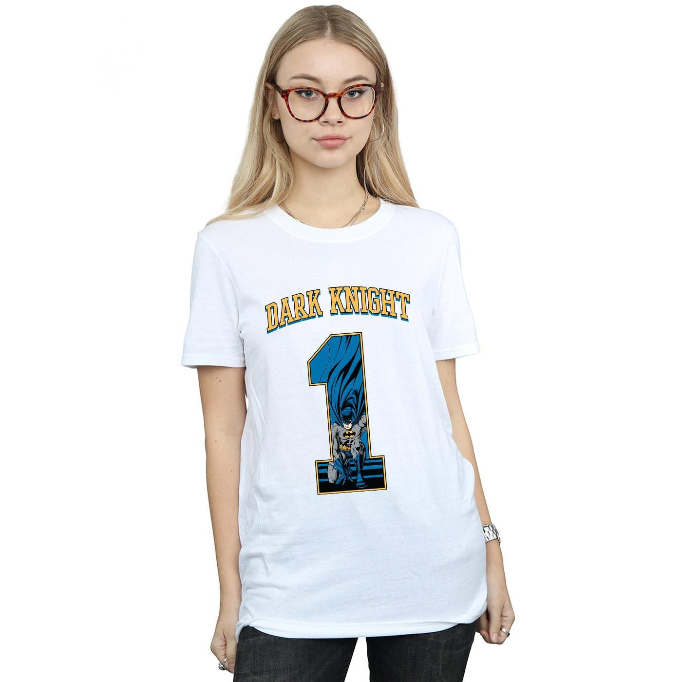 White - Back - DC Comics Womens-Ladies Batman Football Dark Knight Cotton Boyfriend T-Shirt