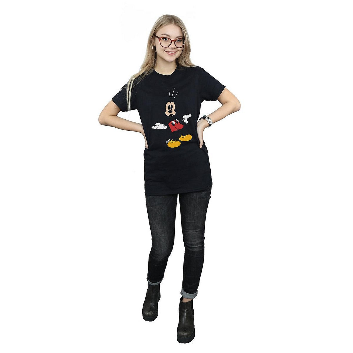 Black - Back - Disney Womens-Ladies Mickey Mouse Surprised Cotton Boyfriend T-Shirt