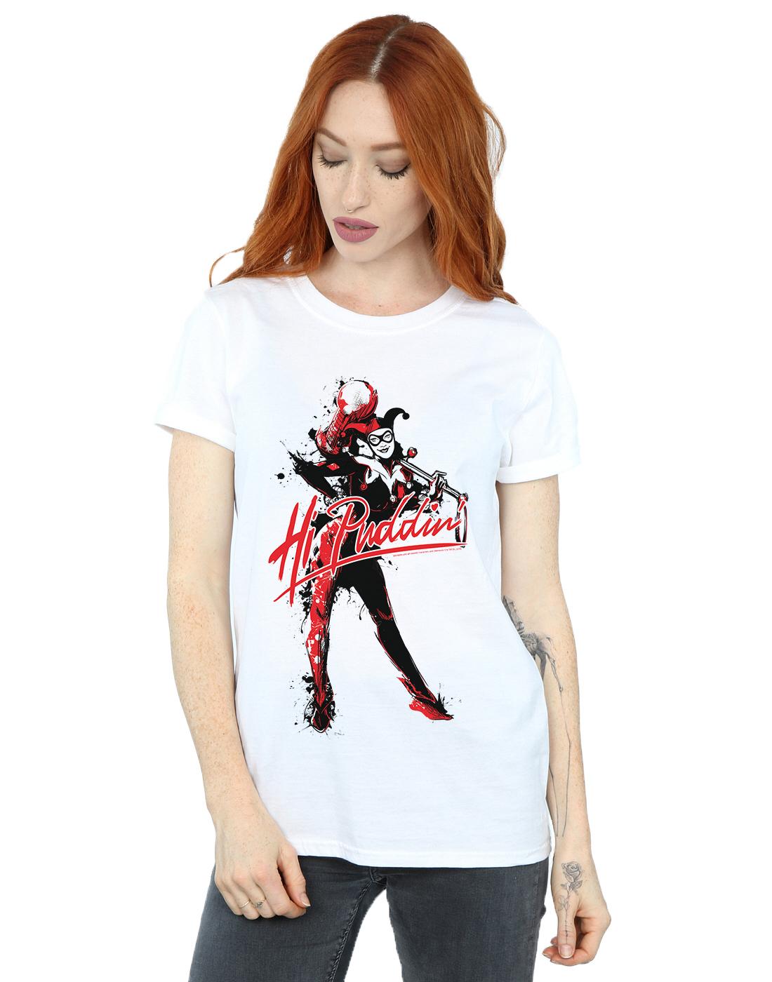 White - Back - DC Comics Womens-Ladies Harley Quinn Hi Puddin Cotton Boyfriend T-Shirt