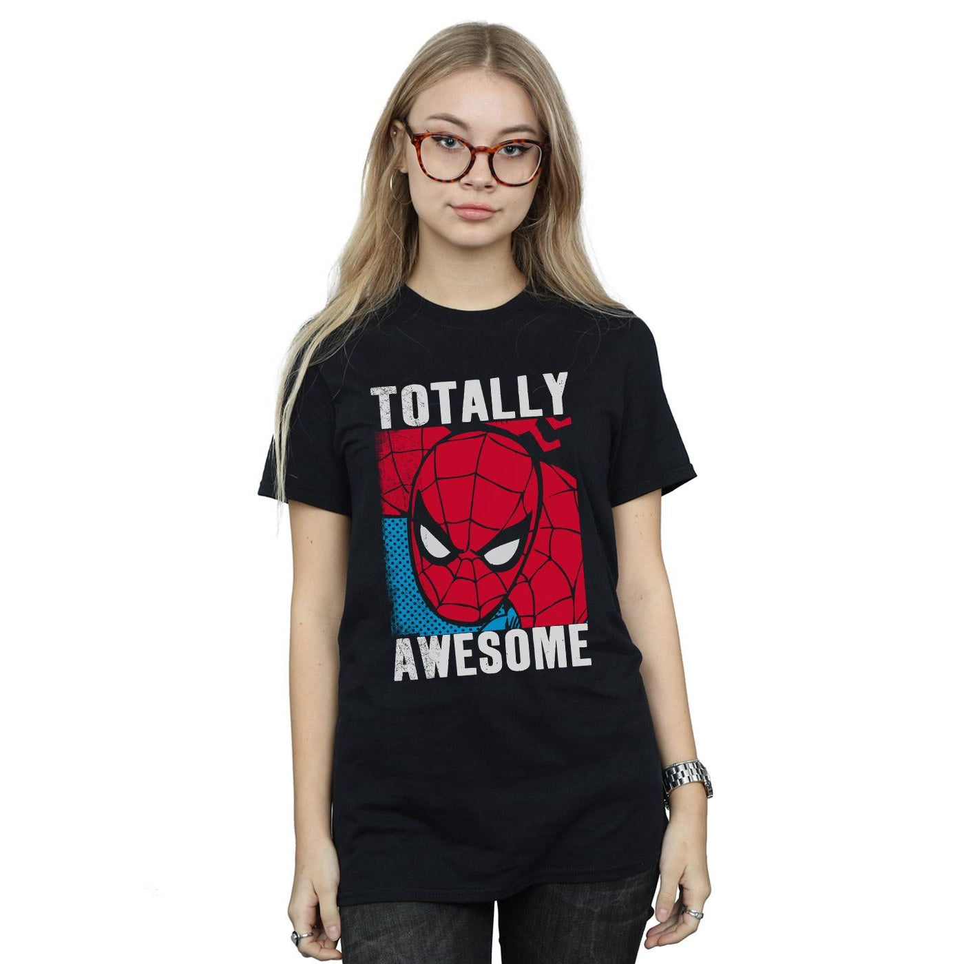 Black - Back - Spider-Man Womens-Ladies Totally Awesome Cotton Boyfriend T-Shirt
