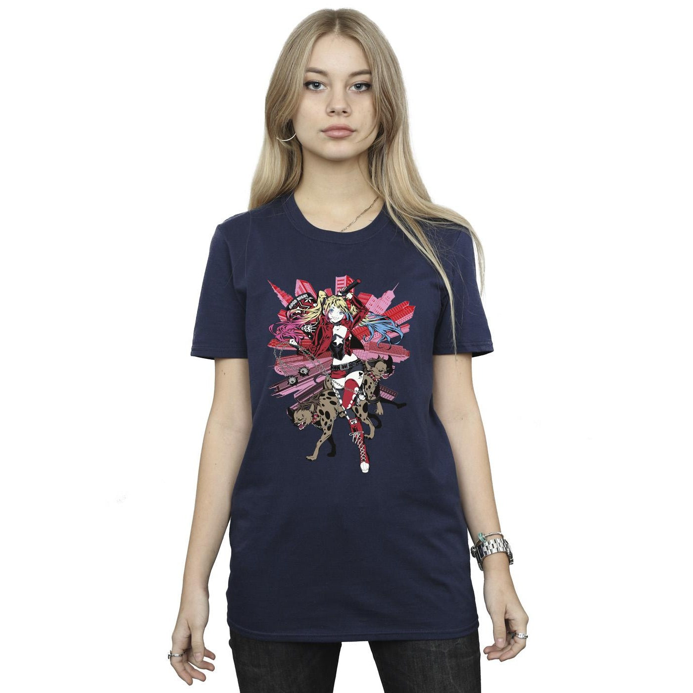 Navy Blue - Back - DC Comics Womens-Ladies Harley Quinn Hyenas Cotton Boyfriend T-Shirt