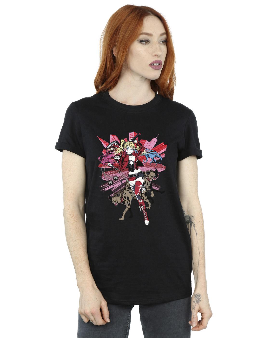 Black - Back - DC Comics Womens-Ladies Harley Quinn Hyenas Cotton Boyfriend T-Shirt