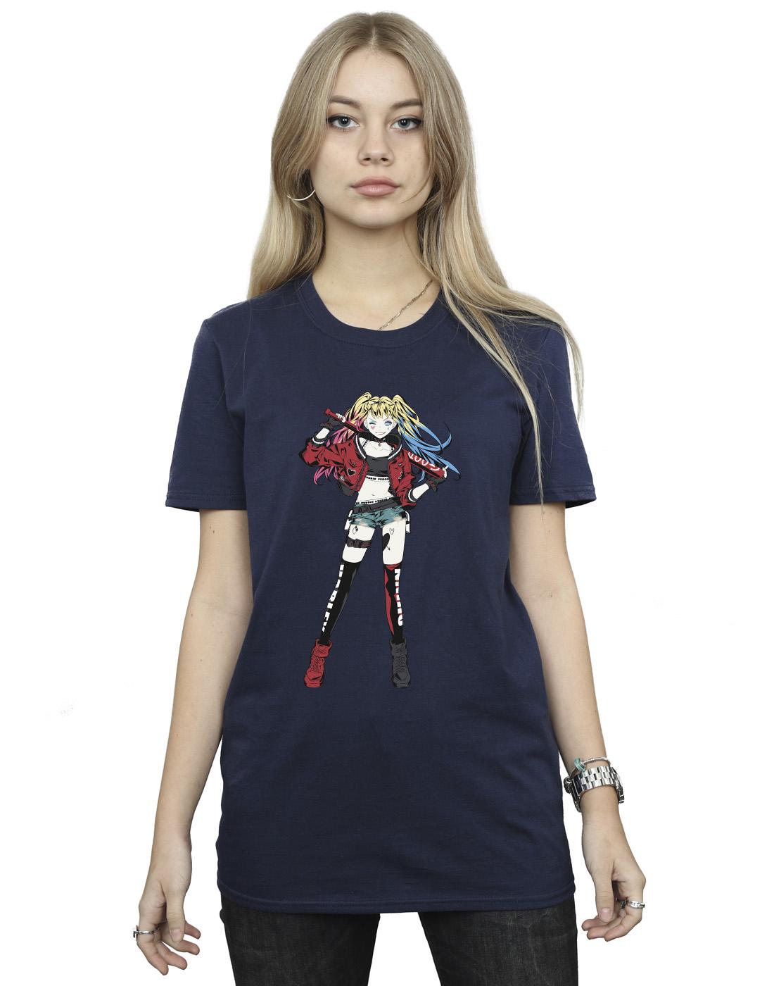 Navy Blue - Back - DC Comics Womens-Ladies Harley Quinn Standing Pose Cotton Boyfriend T-Shirt