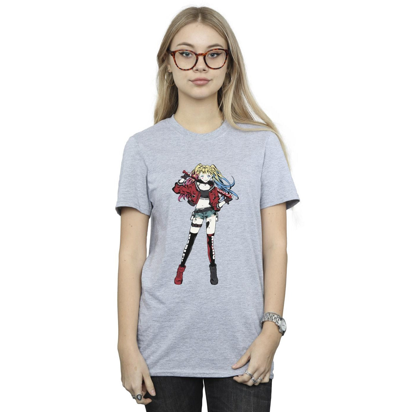 Sports Grey - Back - DC Comics Womens-Ladies Harley Quinn Standing Pose Cotton Boyfriend T-Shirt