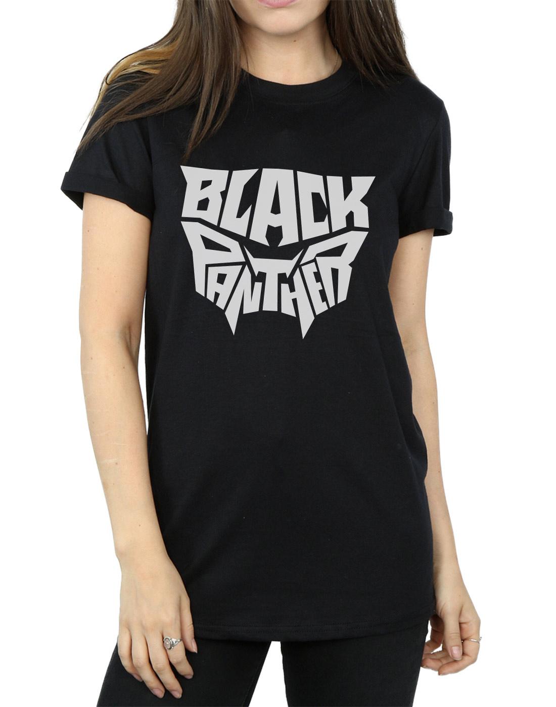 Black - Side - Marvel Womens-Ladies Black Panther Worded Emblem Cotton Boyfriend T-Shirt