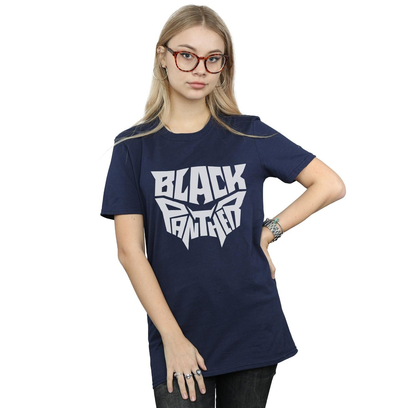 Navy Blue - Back - Marvel Womens-Ladies Black Panther Worded Emblem Cotton Boyfriend T-Shirt