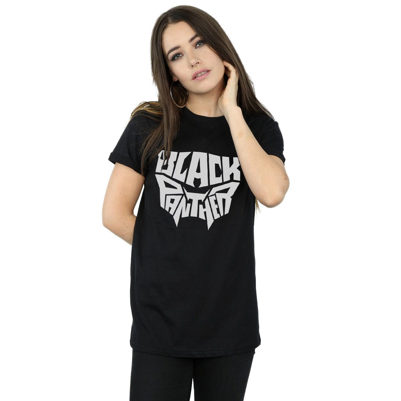 Black - Back - Marvel Womens-Ladies Black Panther Worded Emblem Cotton Boyfriend T-Shirt