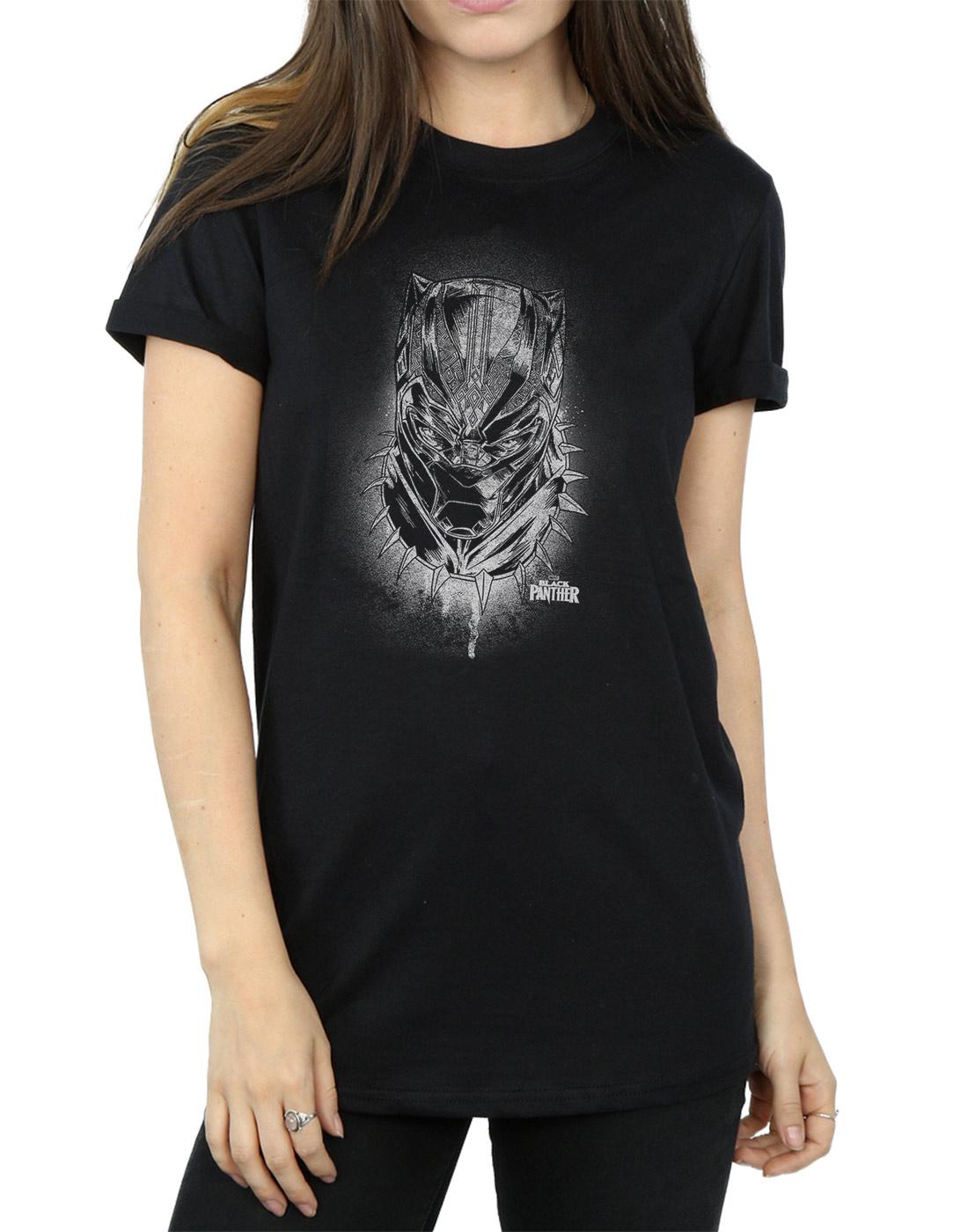 Black - Side - Marvel Womens-Ladies Black Panther Spray Headshot Cotton Boyfriend T-Shirt