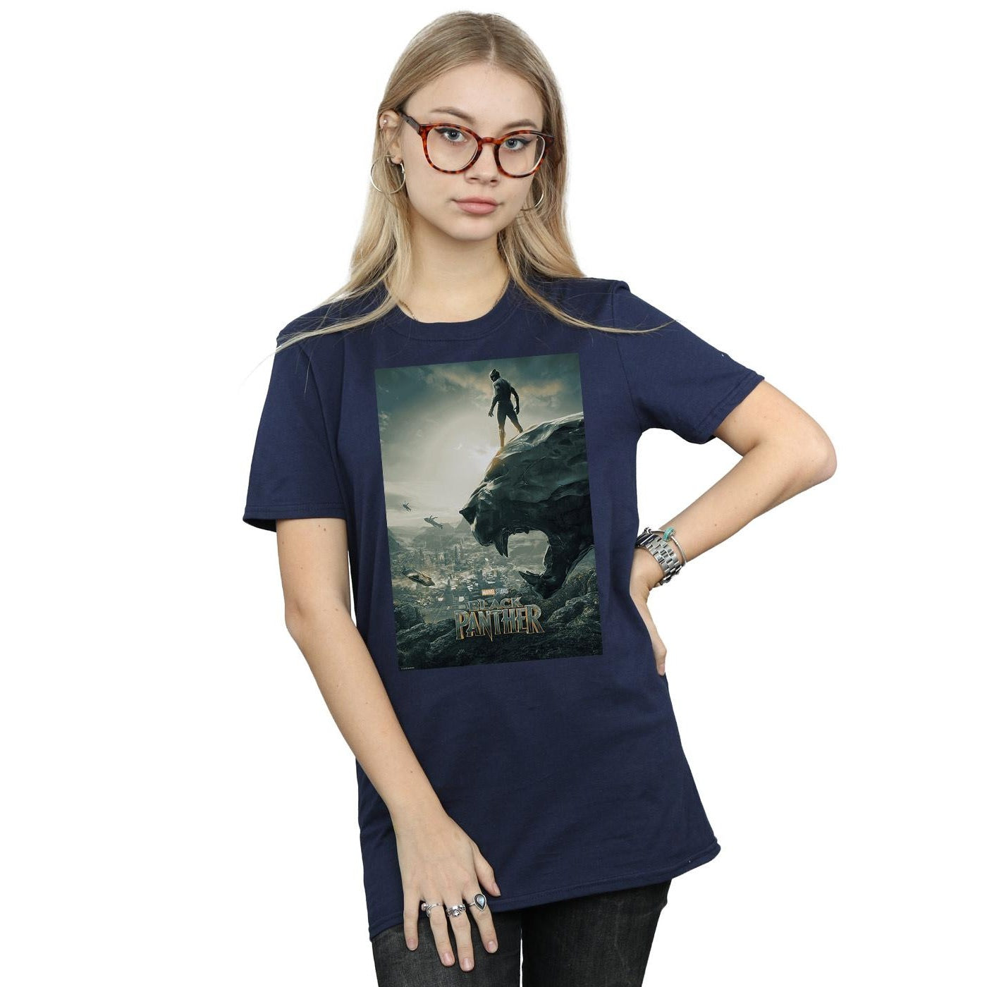 Navy Blue - Back - Marvel Womens-Ladies Black Panther Poster Cotton Boyfriend T-Shirt
