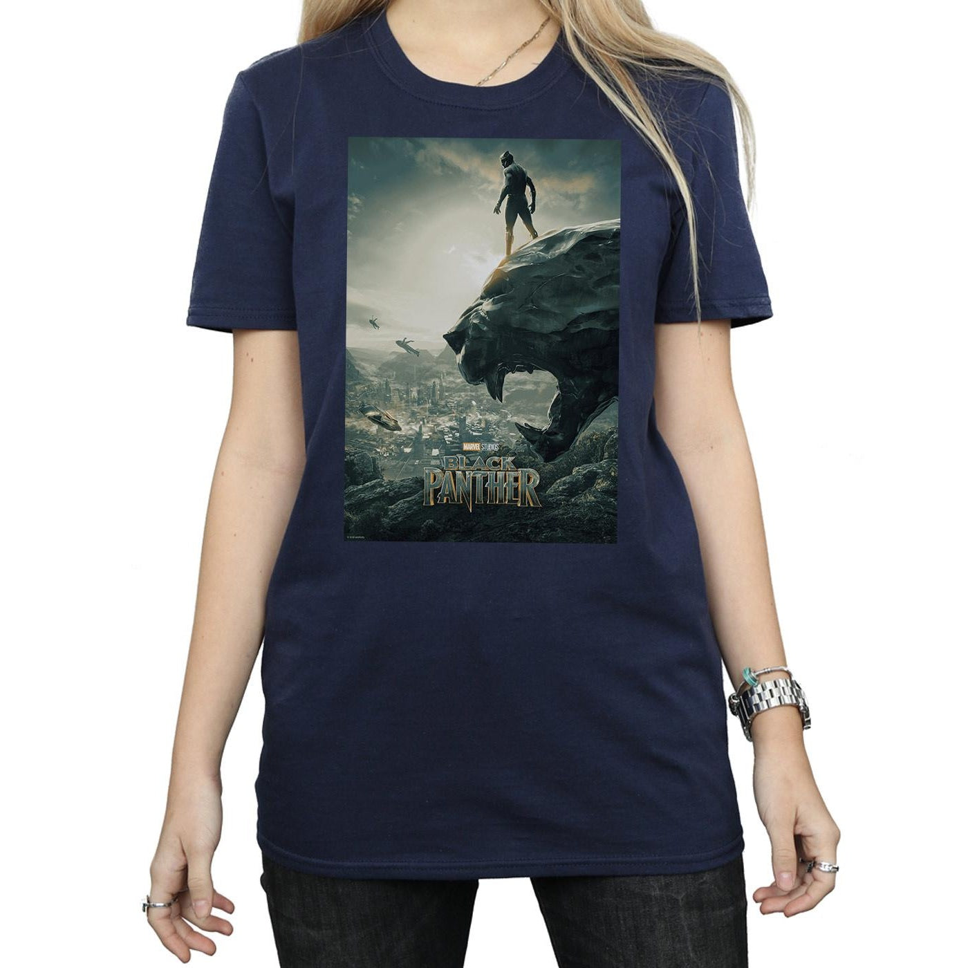 Navy Blue - Side - Marvel Womens-Ladies Black Panther Poster Cotton Boyfriend T-Shirt