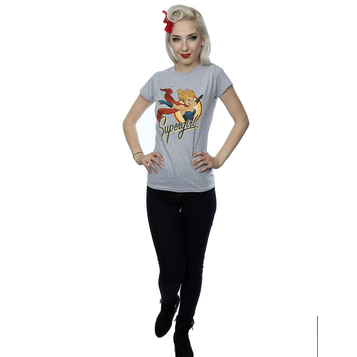 Heather Grey - Side - DC Bombshells Womens-Ladies Supergirl Badge Heather T-Shirt