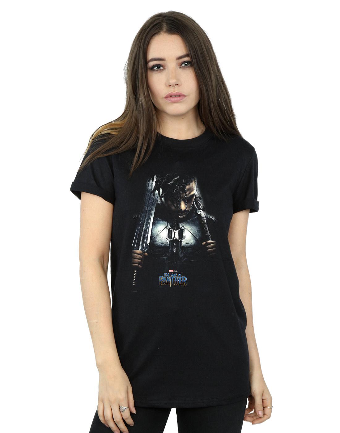 Black - Back - Marvel Womens-Ladies Black Panther Killmonger Poster Cotton Boyfriend T-Shirt