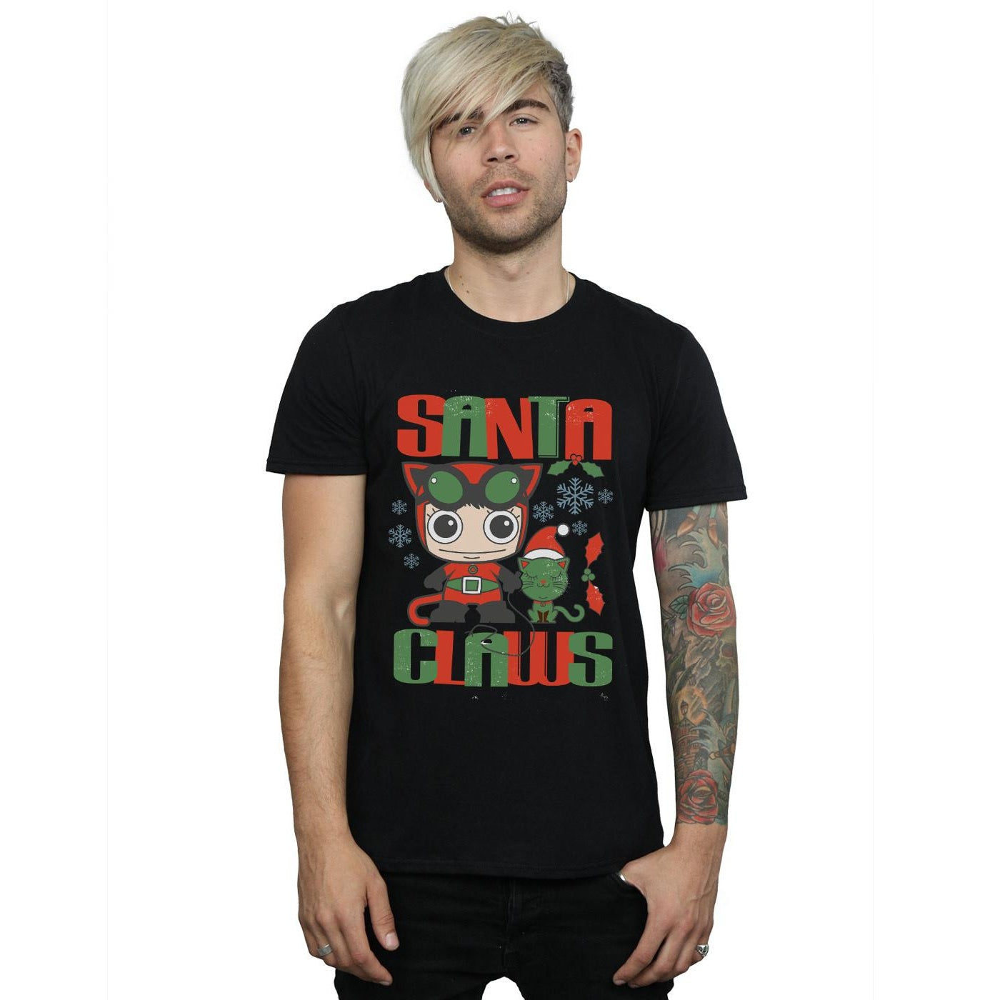 Black - Back - DC Comics Mens Chibi Catwoman Santa Claws T-Shirt