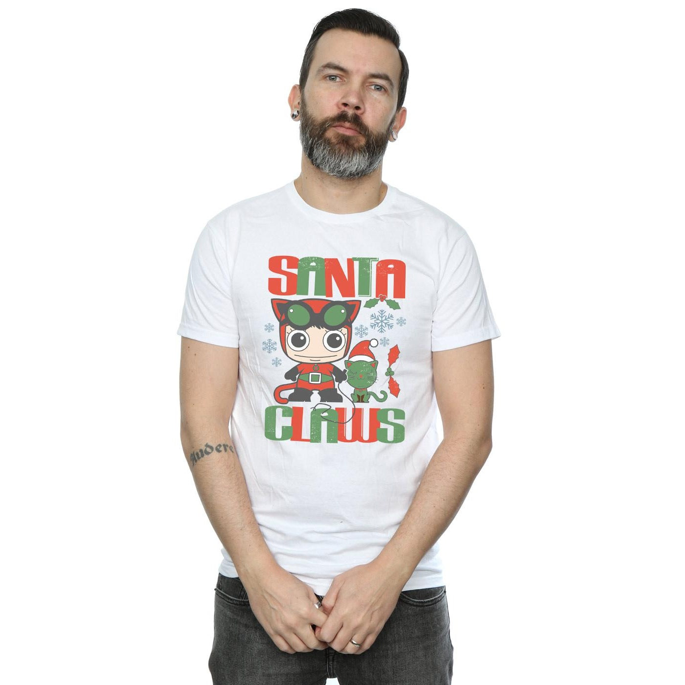 White - Back - DC Comics Mens Chibi Catwoman Santa Claws T-Shirt