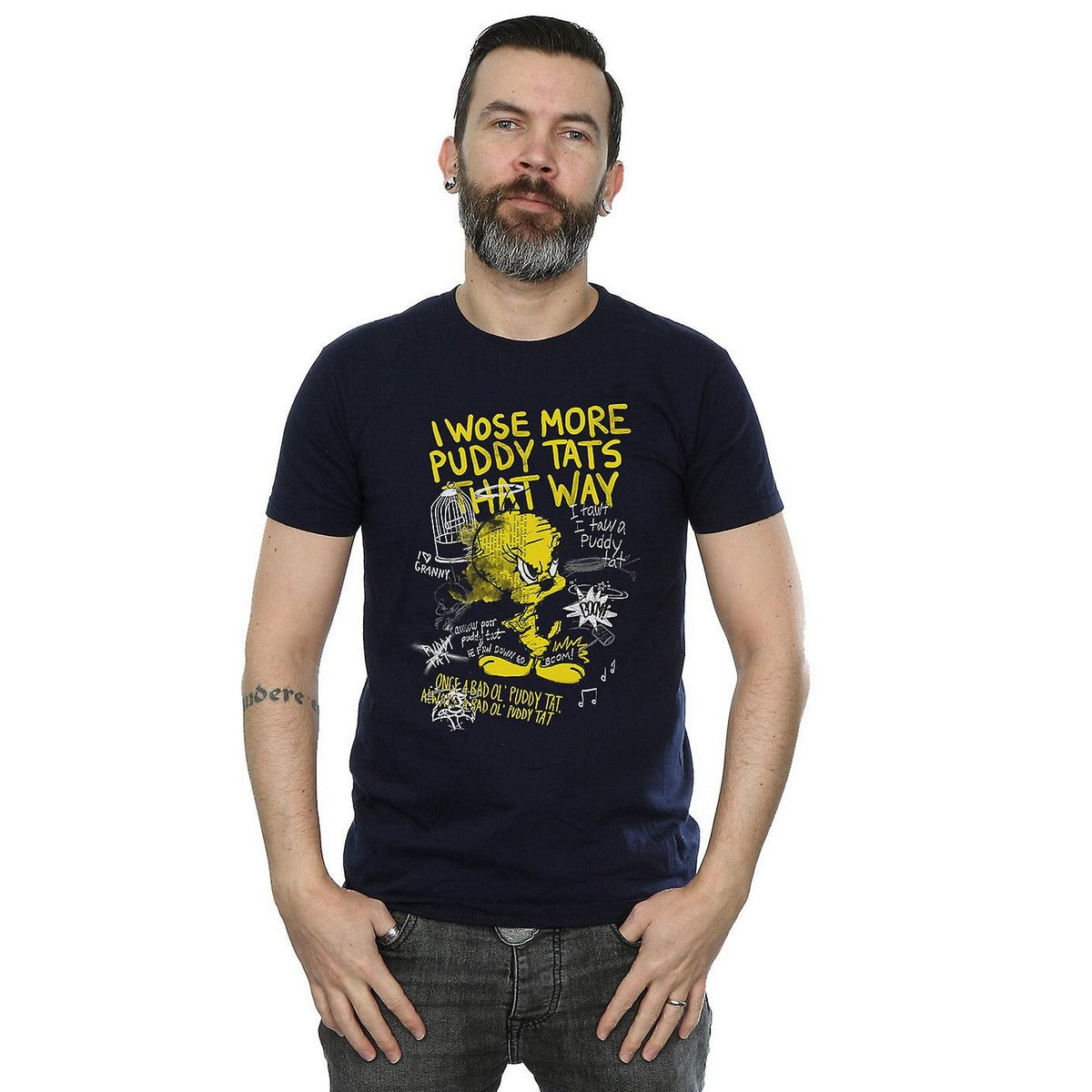 Black - Back - Looney Tunes Mens More Puddy Tats Tweety Cotton T-Shirt