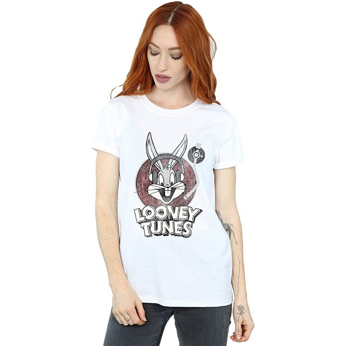 White - Back - Looney Tunes Womens-Ladies Bugs Bunny Circle Cotton Logo Boyfriend T-Shirt