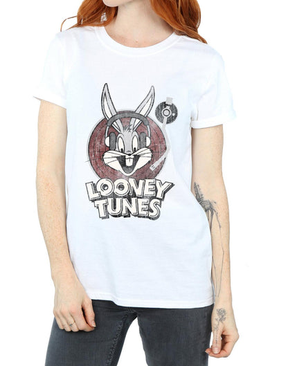 White - Pack Shot - Looney Tunes Womens-Ladies Bugs Bunny Circle Cotton Logo Boyfriend T-Shirt
