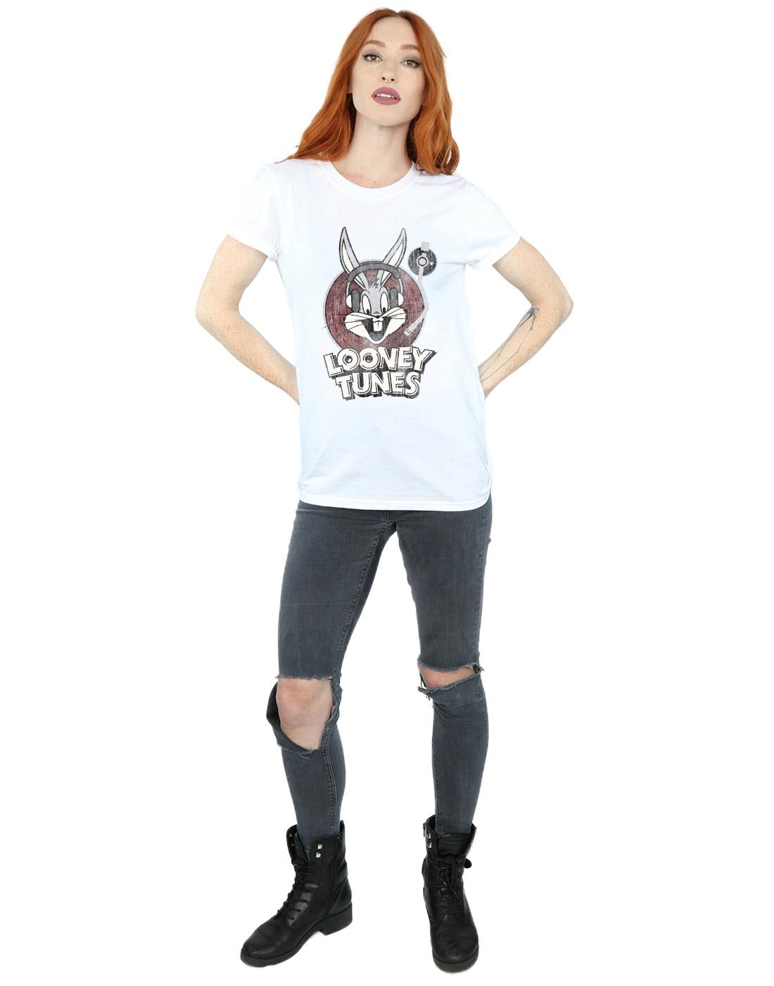 White - Close up - Looney Tunes Womens-Ladies Bugs Bunny Circle Cotton Logo Boyfriend T-Shirt