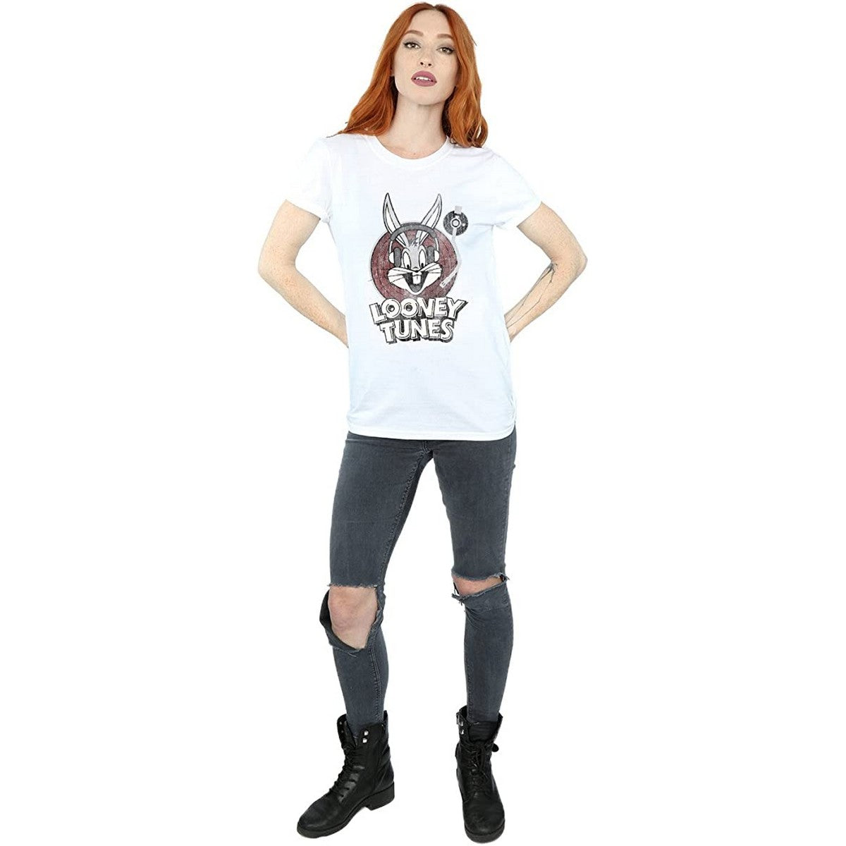 White - Side - Looney Tunes Womens-Ladies Bugs Bunny Circle Cotton Logo Boyfriend T-Shirt