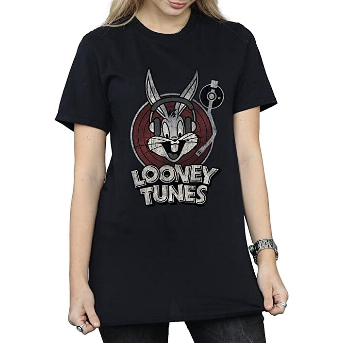Black - Front - Looney Tunes Womens-Ladies Bugs Bunny Circle Cotton Logo Boyfriend T-Shirt