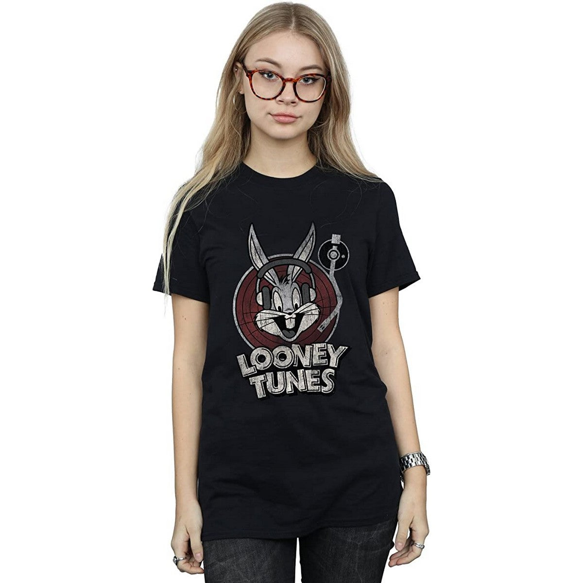 Black - Back - Looney Tunes Womens-Ladies Bugs Bunny Circle Cotton Logo Boyfriend T-Shirt